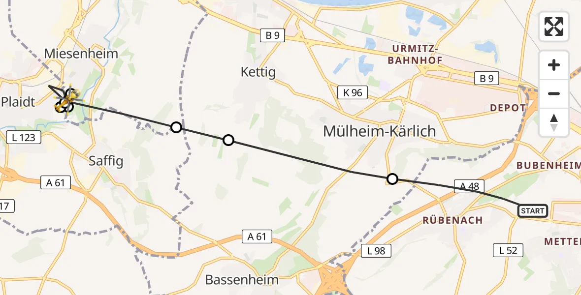 Flugroute Rettungshubschrauber Koblenz - Plaidt, 31 Mai 2026, 07:10