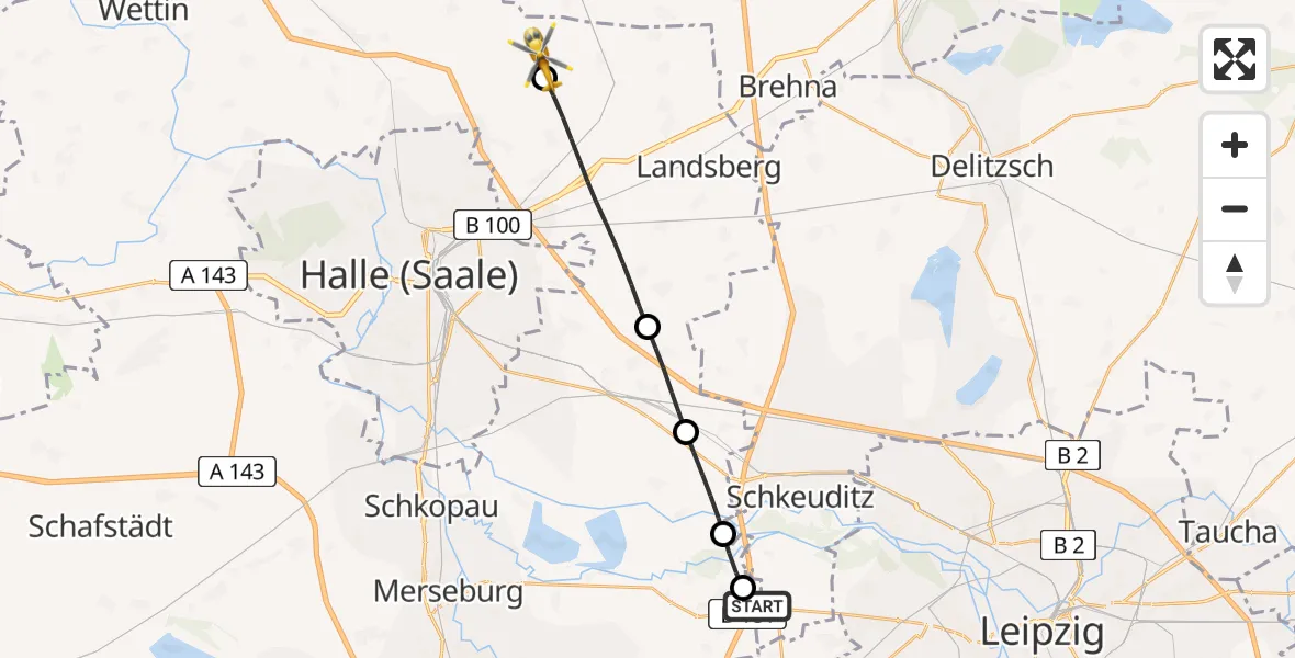Flugroute Rettungshubschrauber ADAC Air Rescue Station Leipzig/Schkeuditz-Dölzig Hubschrauberlandeplatz (Christoph 61) - Petersberg, 31 Mai 2026, 07:16