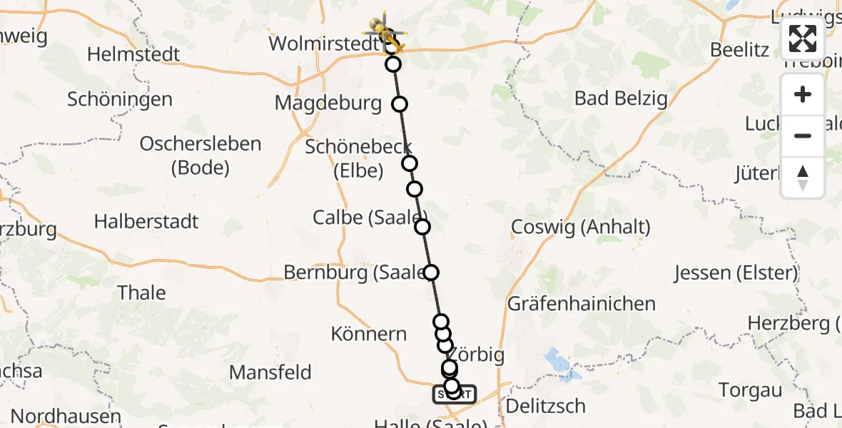 Flugroute Rettungshubschrauber Halle-Oppin Flugplatz - Jerichower Land District Hospital, 31 Mai 2026, 07:28