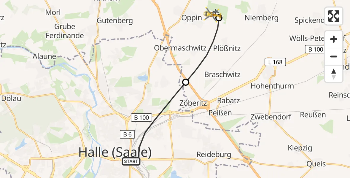 Flugroute Rettungshubschrauber Halle (Saale) - Halle-Oppin Flugplatz, 31 Mai 2026, 07:32