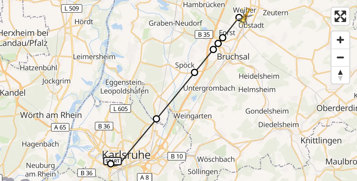 Flugroute Ambulanzhubschrauber Sankt Vincentius Hospital - Ubstadt-Weiher, 31 Mai 2026, 07:34