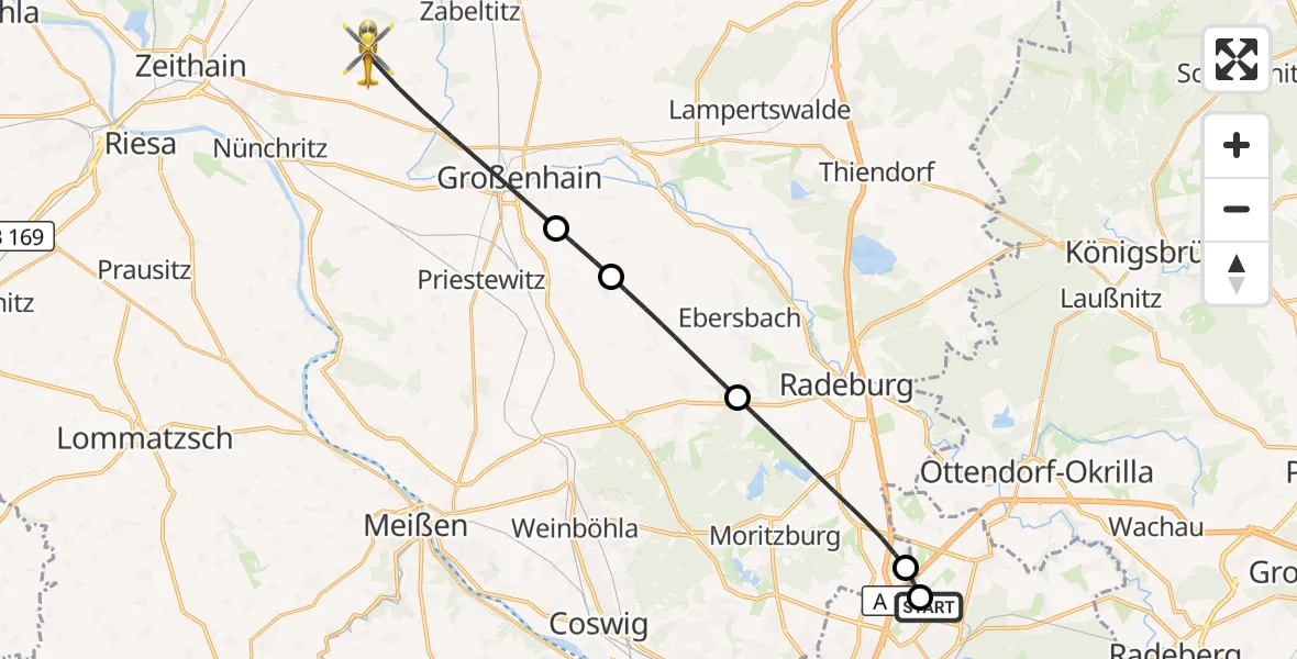 Flugroute Rettungshubschrauber Dresden Bundespolizei Hubschrauberlandeplatz - Großenhain, 31 Mai 2026, 07:38