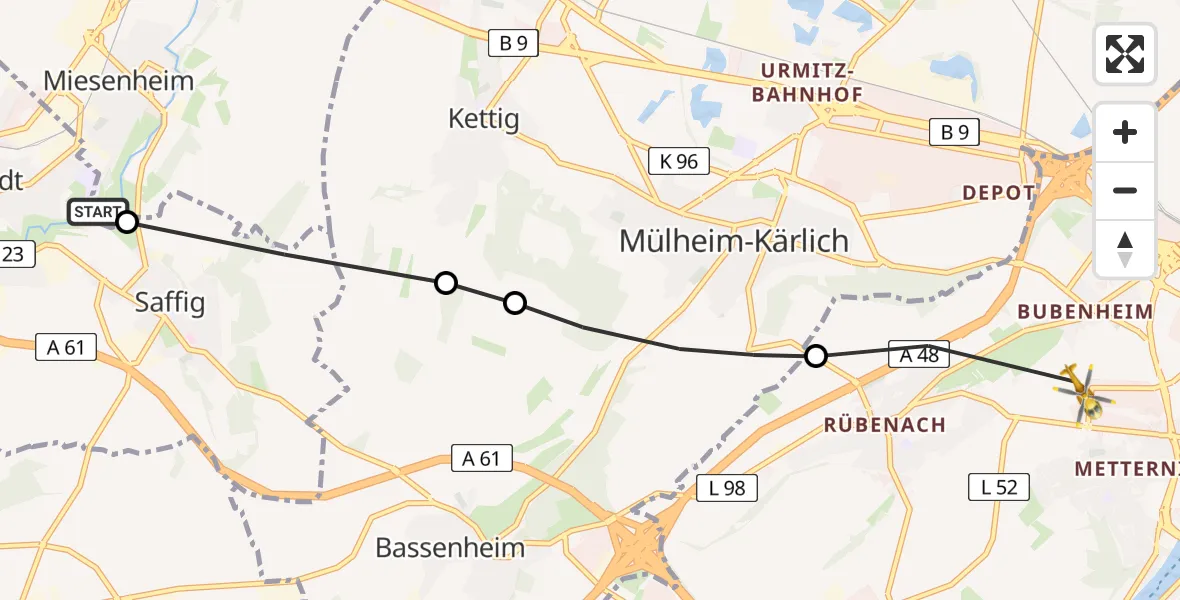 Flugroute Rettungshubschrauber Andernach - Koblenz, 31 Mai 2026, 07:43
