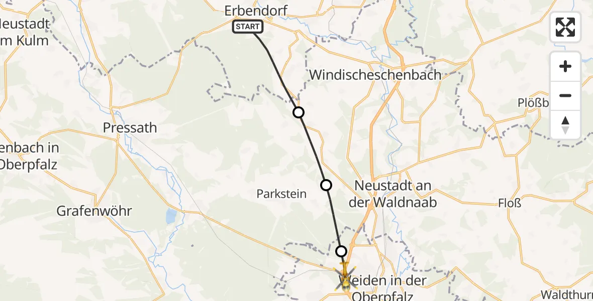 Flugroute Rettungshubschrauber Erbendorf - Weiden i.d.OPf., 31 Mai 2026, 07:47