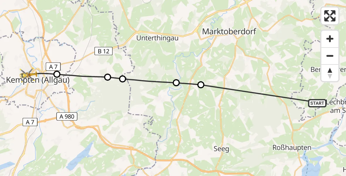 Flugroute Rettungshubschrauber Bernbeuren - Kempten (Allgäu), 31 Mai 2026, 07:53