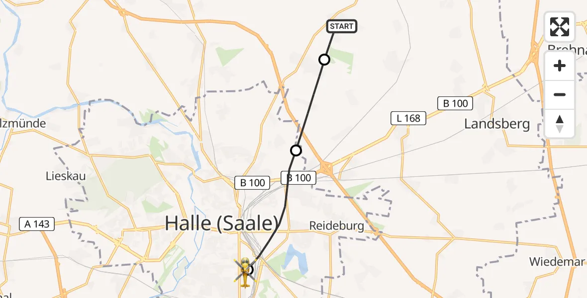 Flugroute Rettungshubschrauber Petersberg - BG Hospital Bergmannstrost Halle, 31 Mai 2026, 07:55