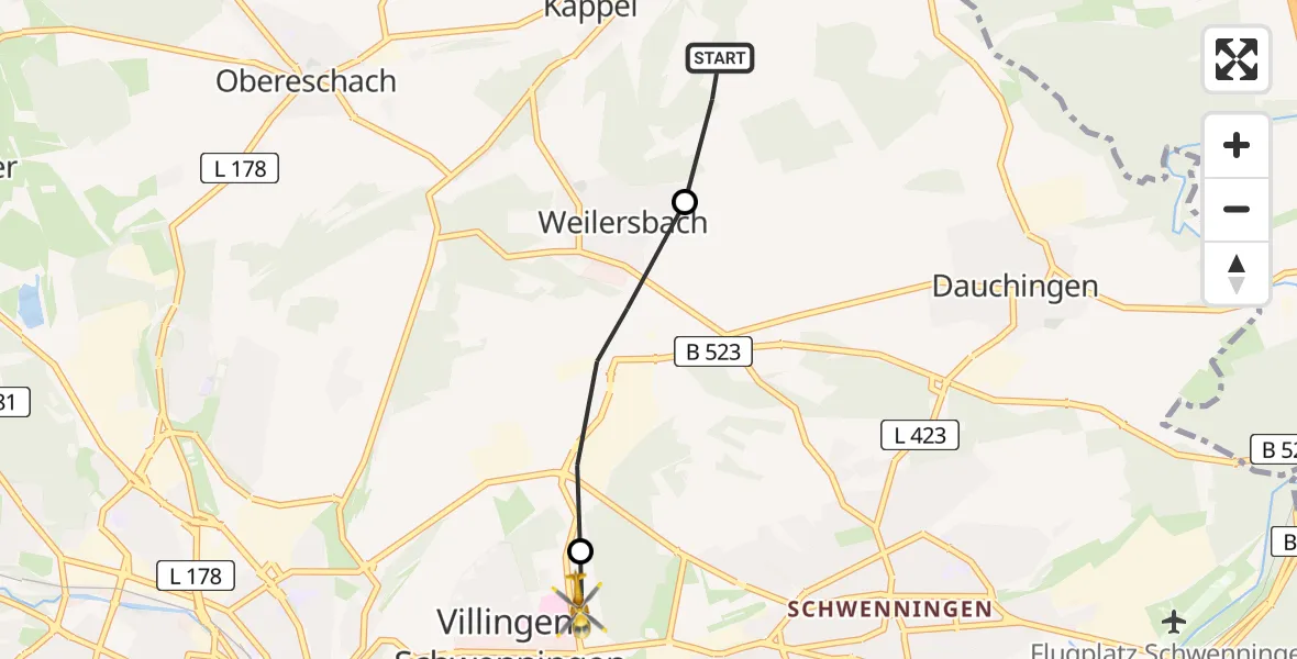 Flugroute Ambulanzhubschrauber Niedereschach - DRF Air Rescue Station Villingen-Schwenningen Hubschrauberlandeplatz (Christoph 11), 31 Mai 2026, 08:12