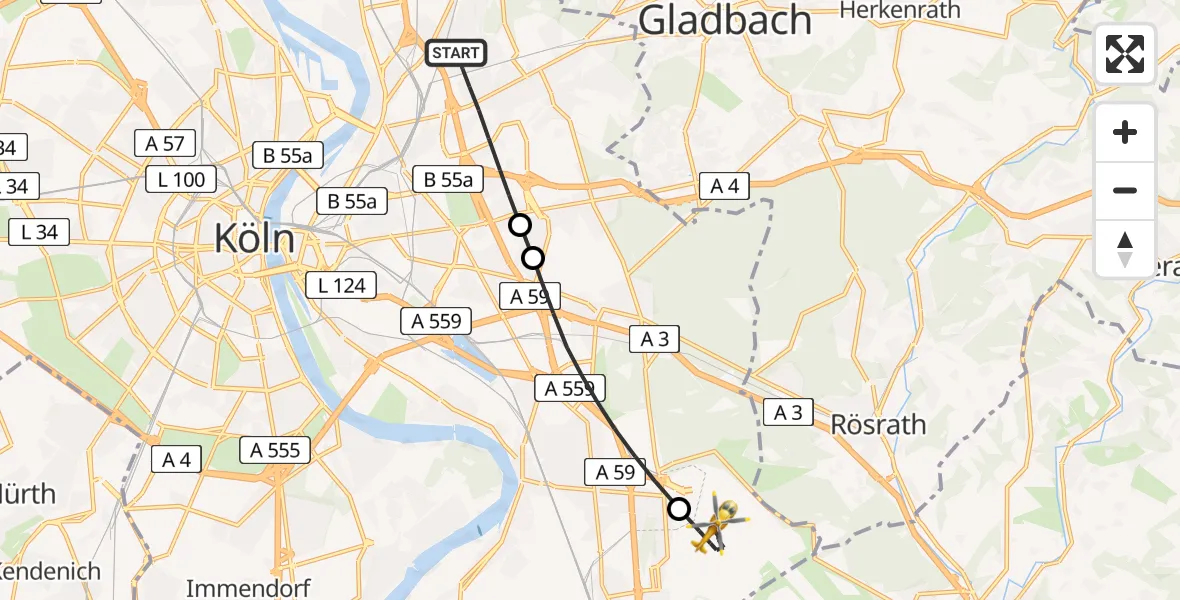 Flugroute Rettungshubschrauber Köln - Köln Bonn Flughafen, 31 Mai 2026, 08:21