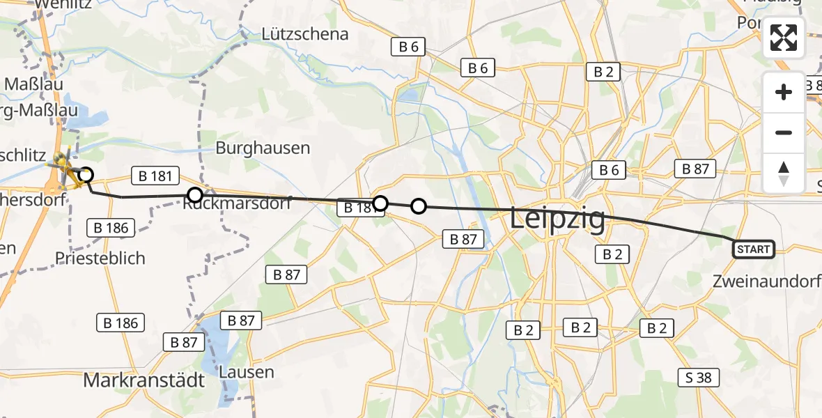 Flugroute Rettungshubschrauber Leipzig - ADAC Air Rescue Station Leipzig/Schkeuditz-Dölzig Hubschrauberlandeplatz (Christoph 61), 31 Mai 2026, 08:28