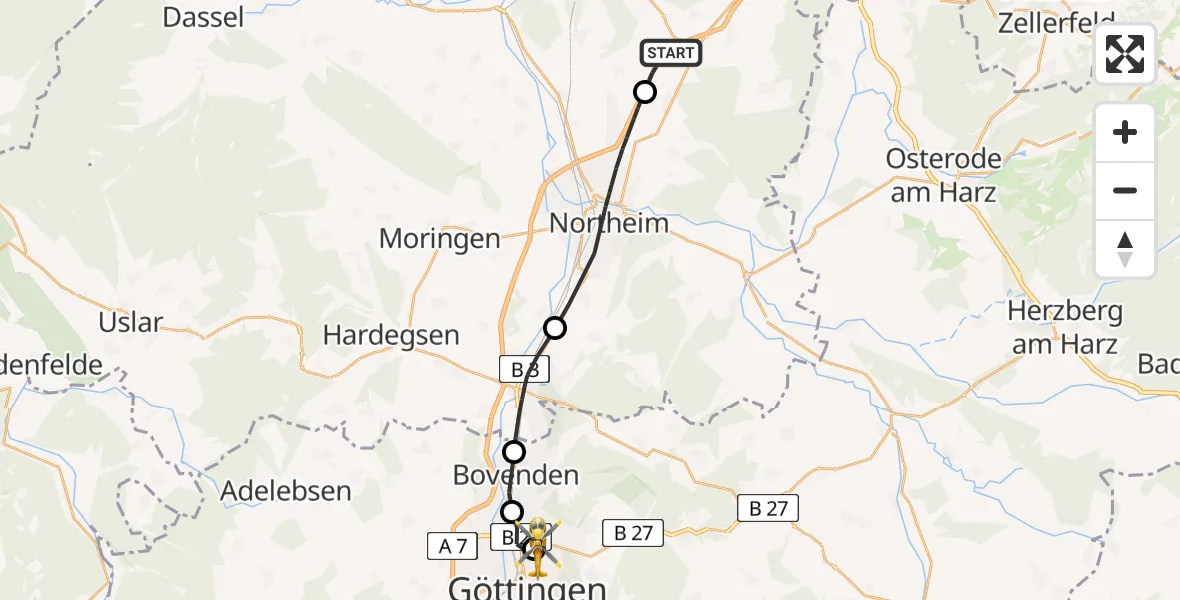 Flugroute Rettungshubschrauber Kalefeld - Göttingen University Clinic Hubschrauberlandeplatz, 31 Mai 2026, 08:30