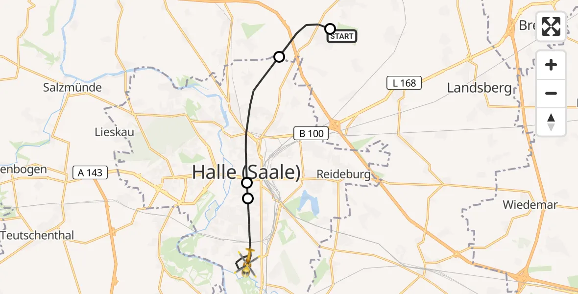 Flugroute Rettungshubschrauber Halle-Oppin Flugplatz - Halle (Saale), 31 Mai 2026, 08:36