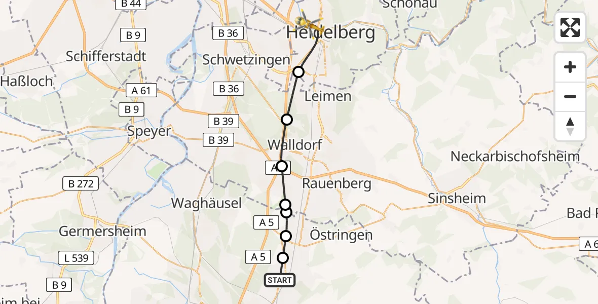 Flugroute Ambulanzhubschrauber Ubstadt-Weiher - Heidelberg, 31 Mai 2026, 08:39