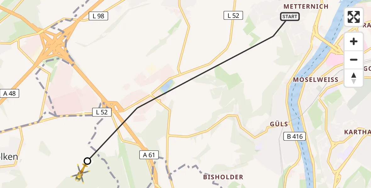 Flugroute Rettungshubschrauber Koblenz - Kobern-Gondorf, 31 Mai 2026, 08:42