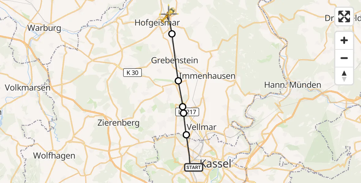 Flugroute Rettungshubschrauber Kassel - Hofgeismar, 31 Mai 2026, 08:47