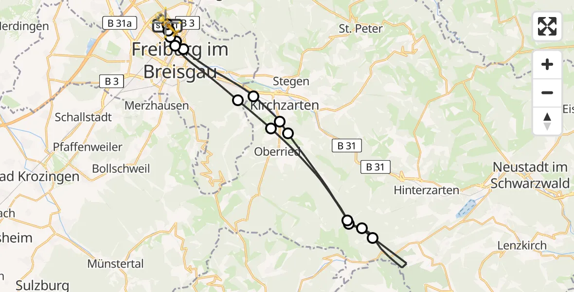 Flugroute Rettungshubschrauber Freiburg im Breisgau Flugplatz - Freiburg im Breisgau Flugplatz, 31 Mai 2026, 09:07