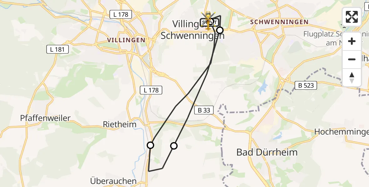 Flugroute Ambulanzhubschrauber DRF Air Rescue Station Villingen-Schwenningen Hubschrauberlandeplatz (Christoph 11) - DRF Air Rescue Station Villingen-Schwenningen Hubschrauberlandeplatz (Christoph 11), 31 Mai 2026, 09:19