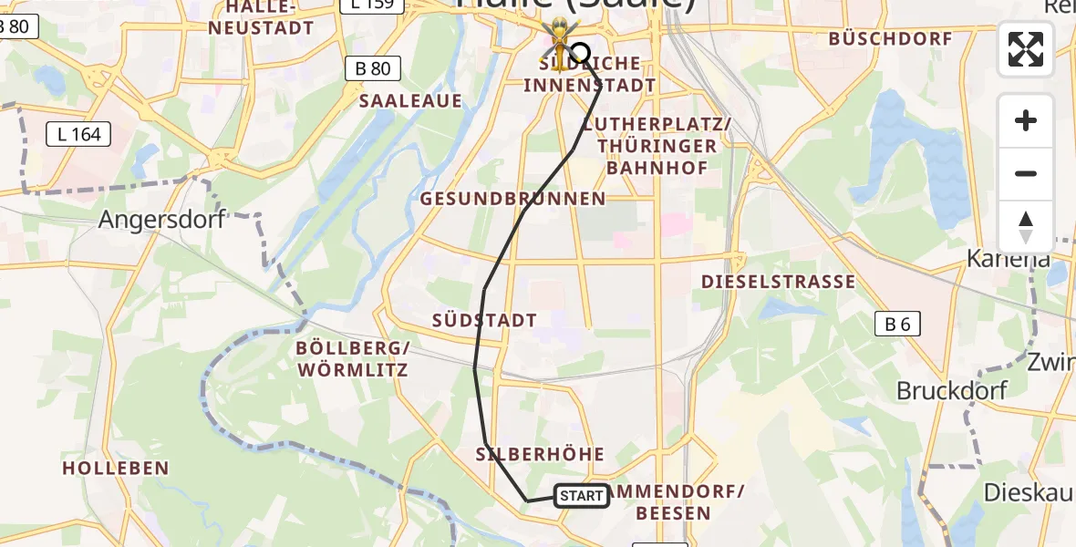 Flugroute Rettungshubschrauber Halle (Saale) - Sankt Elisabeth and Sankt Barbara Hospital Halle (Saale), 31 Mai 2026, 09:19