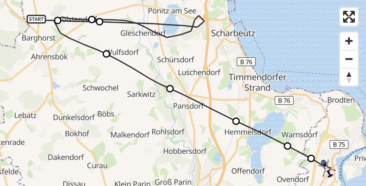 Flugroute Polizeihubschrauber Christoph 12 Luftrettungszentrum - Lübeck, 31 Mai 2026, 09:24