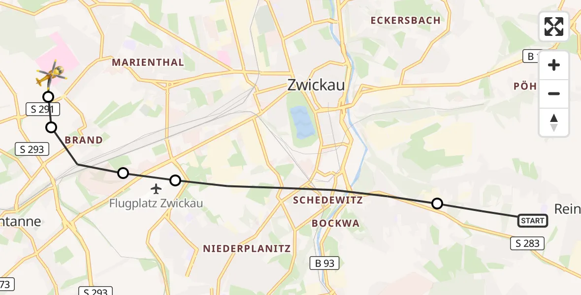 Flugroute Rettungshubschrauber Reinsdorf - ADAC Air Rescue Station Zwickau Hubschrauberlandeplatz, 31 Mai 2026, 09:26