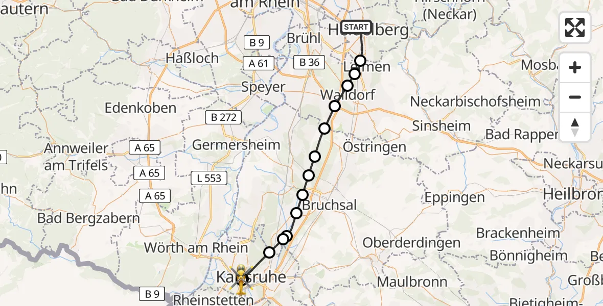 Flugroute Ambulanzhubschrauber Heidelberg - Sankt Vincentius Hospital, 31 Mai 2026, 09:32