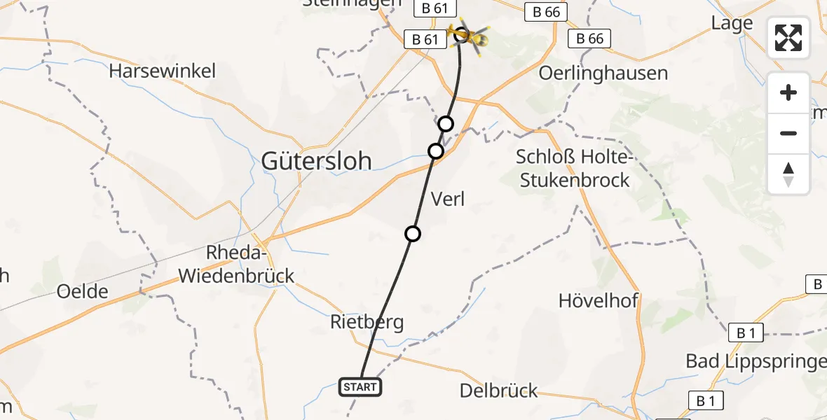 Flugroute Rettungshubschrauber Rietberg - Luftrettungszentrum Bielefeld, 31 Mai 2026, 09:36