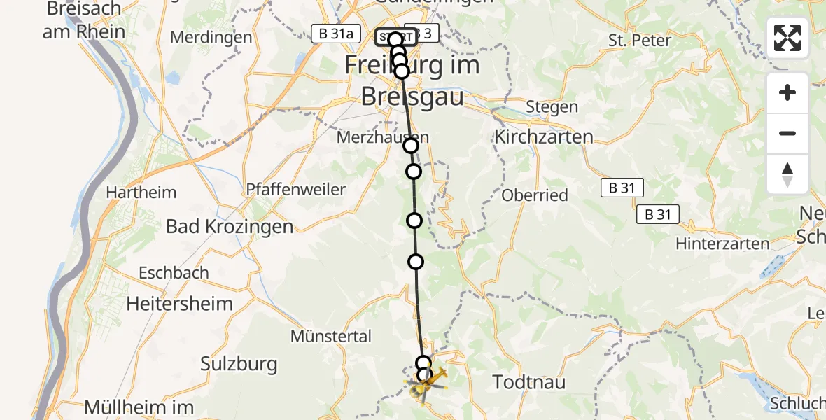 Flugroute Rettungshubschrauber Freiburg im Breisgau Flugplatz - Aitern, 31 Mai 2026, 09:39