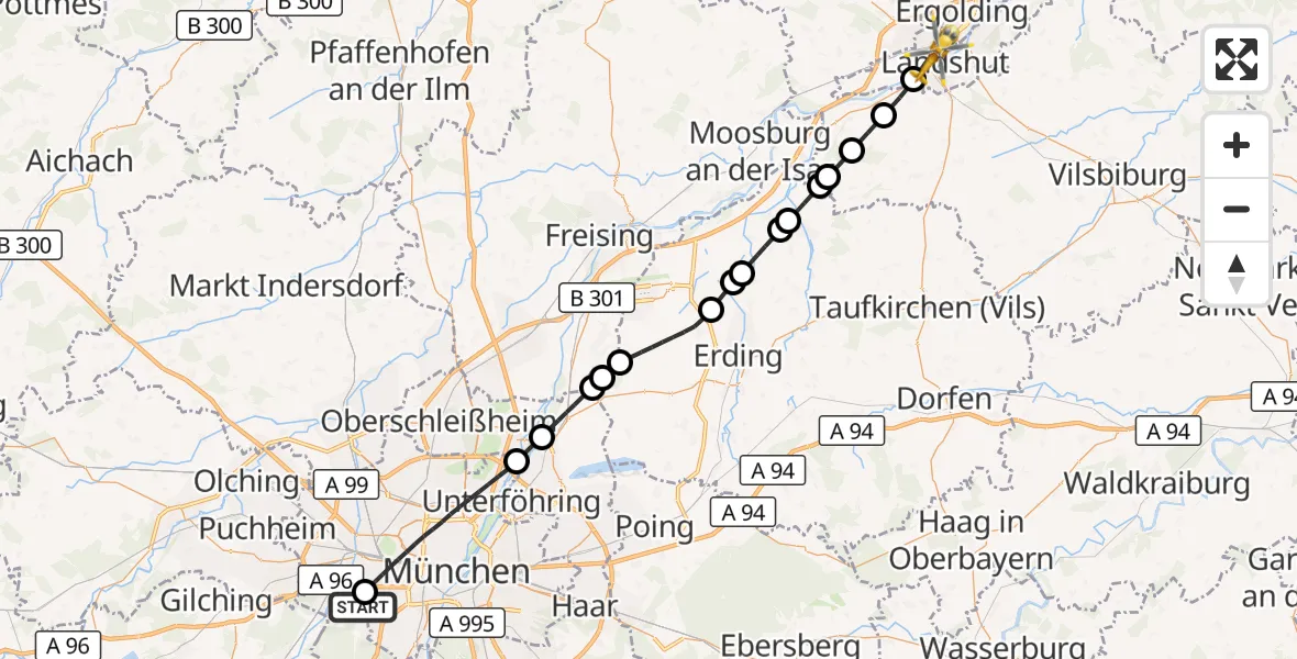 Flugroute Rettungshubschrauber DRF Air Rescue München Hubschrauberlandeplatz - Landshut Hospital Hubschrauberlandeplatz, 31 Mai 2026, 09:44