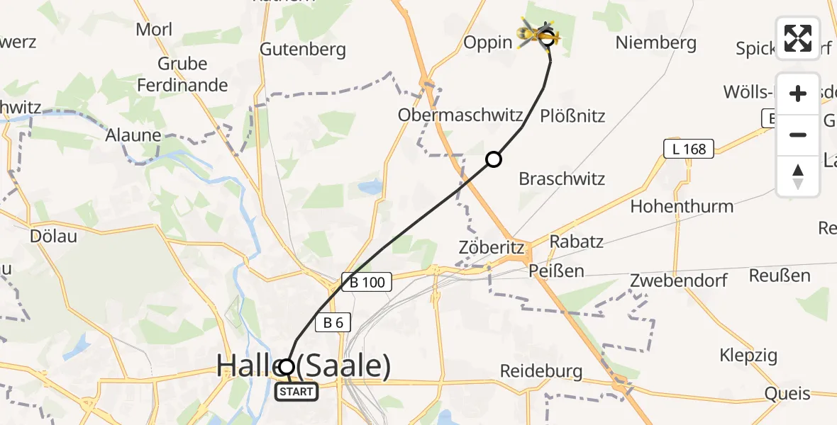 Flugroute Rettungshubschrauber Sankt Elisabeth and Sankt Barbara Hospital Halle (Saale) - Halle-Oppin Flugplatz, 31 Mai 2026, 09:45