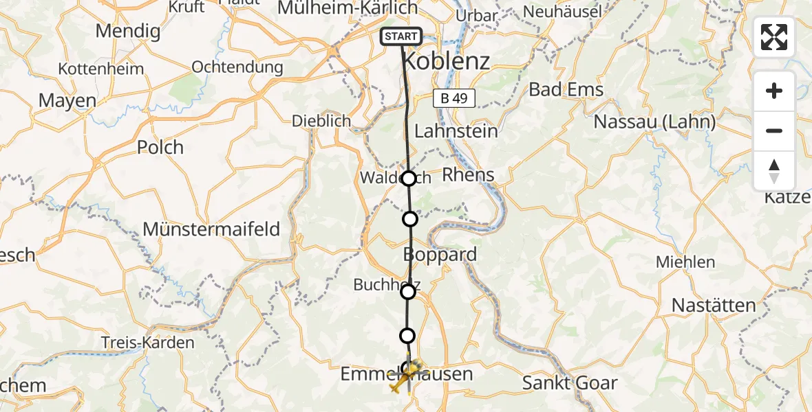 Flugroute Rettungshubschrauber Koblenz - Emmelshausen, 31 Mai 2026, 09:47
