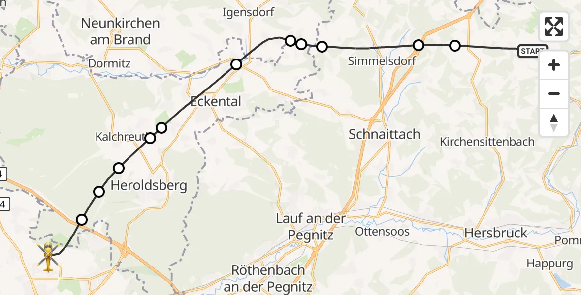 Flugroute Ambulanzhubschrauber Kirchensittenbach - Flughafen Nuremberg, 31 Mai 2026, 09:56