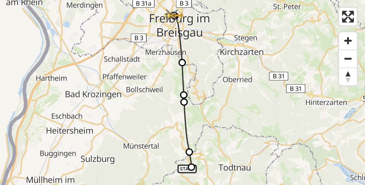 Flugroute Rettungshubschrauber Aitern - Freiburg University Hospital Heliport 1, 31 Mai 2026, 10:12