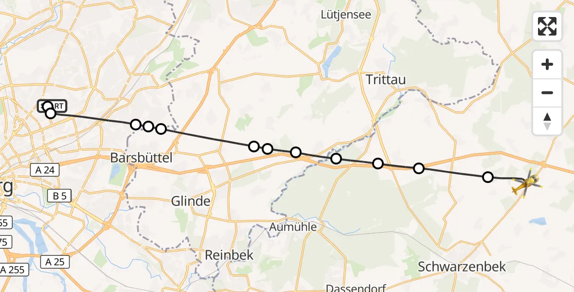 Flugroute Rettungshubschrauber Hamburg Military Hospital - Elmenhorst, 31 Mai 2026, 10:12