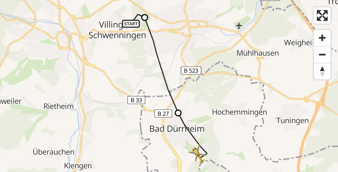 Flugroute Ambulanzhubschrauber DRF Air Rescue Station Villingen-Schwenningen Hubschrauberlandeplatz (Christoph 11) - Bad Dürrheim, 31 Mai 2026, 10:19