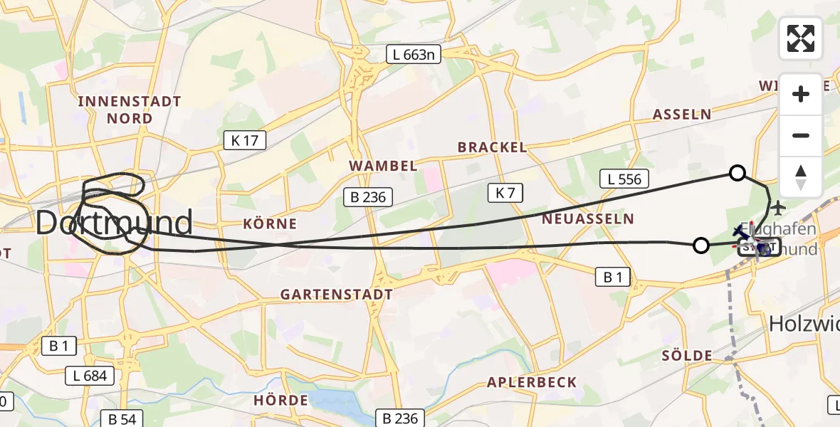 Flugroute Polizeihubschrauber Dortmund Flughafen - Dortmund Flughafen, 31 Mai 2026, 10:30