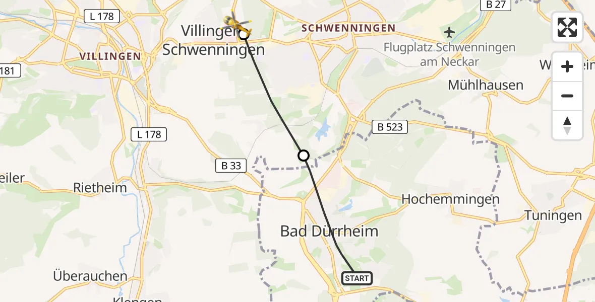 Flugroute Ambulanzhubschrauber Bad Dürrheim - DRF Air Rescue Station Villingen-Schwenningen Hubschrauberlandeplatz (Christoph 11), 31 Mai 2026, 10:42