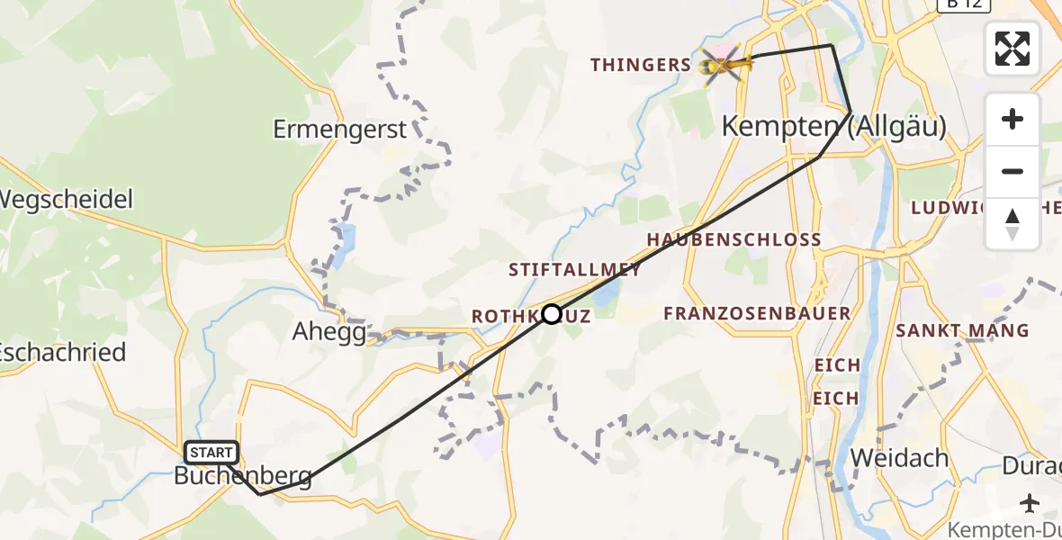 Flugroute Rettungshubschrauber Buchenberg - Kempten (Allgäu), 31 Mai 2026, 10:51