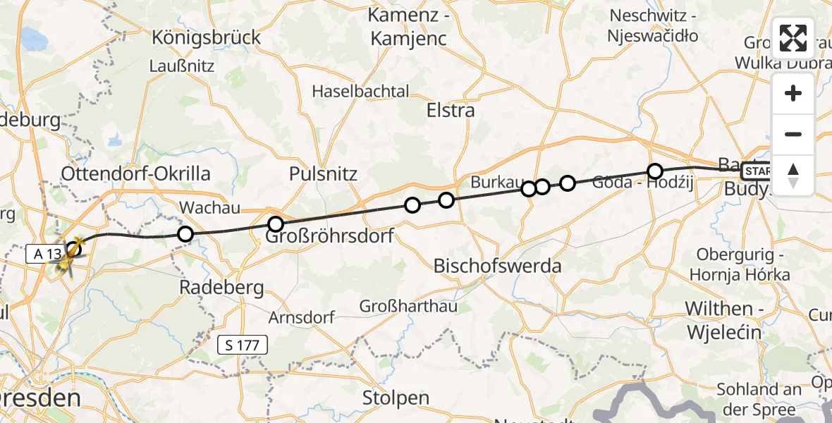 Flugroute Rettungshubschrauber Bautzen - Dresden Bundespolizei Hubschrauberlandeplatz, 31 Mai 2026, 10:56