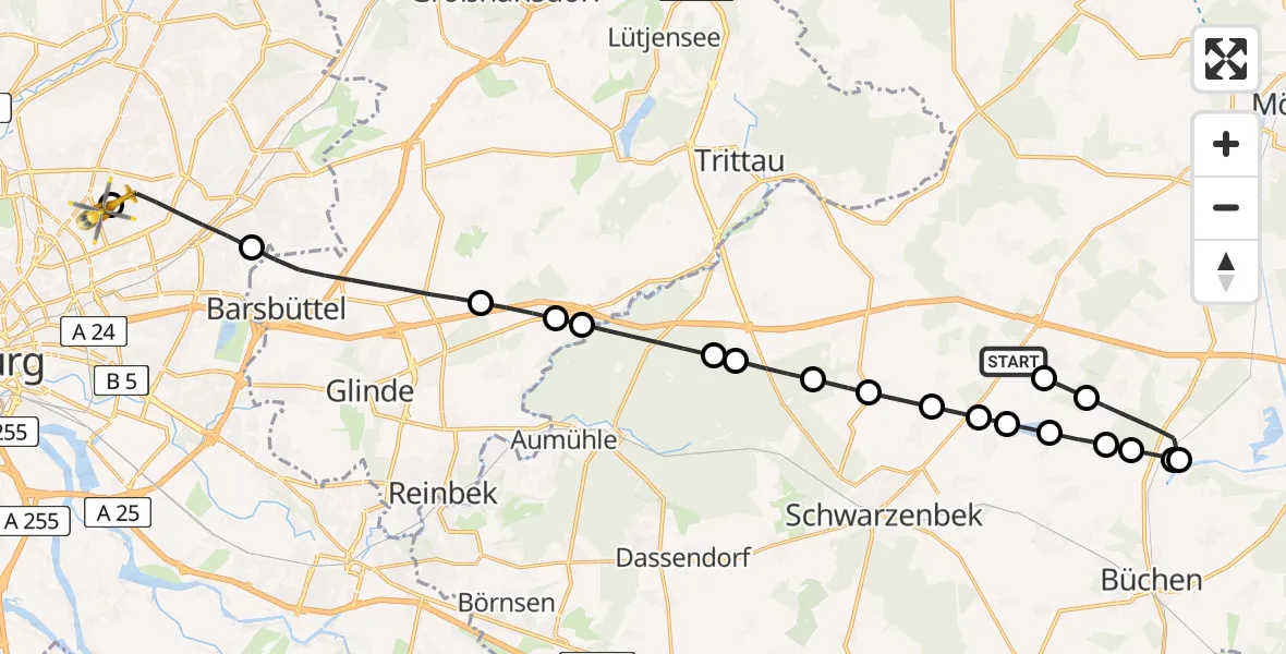 Flugroute Rettungshubschrauber Elmenhorst - Hamburg Military Hospital, 31 Mai 2026, 10:56