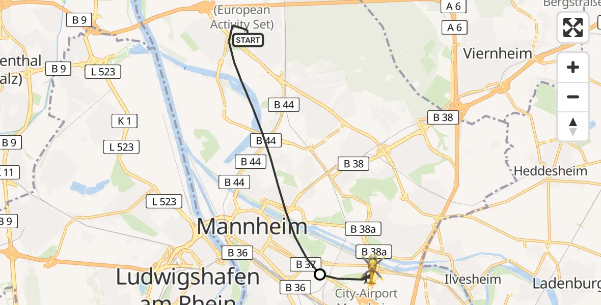 Flugroute Rettungshubschrauber Mannheim - Mannheim-City Flughafen, 31 Mai 2026, 10:58
