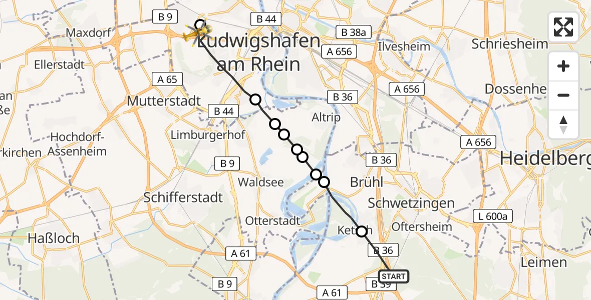 Flugroute Rettungshubschrauber Schwetzingen - Ludwigshafen am Rhein, 31 Mai 2026, 11:00