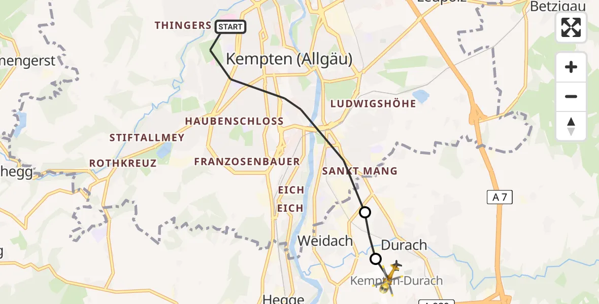 Flugroute Rettungshubschrauber Kempten (Allgäu) - Kempten-Durach Flugplatz, 31 Mai 2026, 11:06