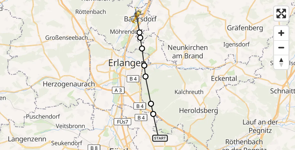 Flugroute Ambulanzhubschrauber Flughafen Nuremberg - Baiersdorf, 31 Mai 2026, 11:09