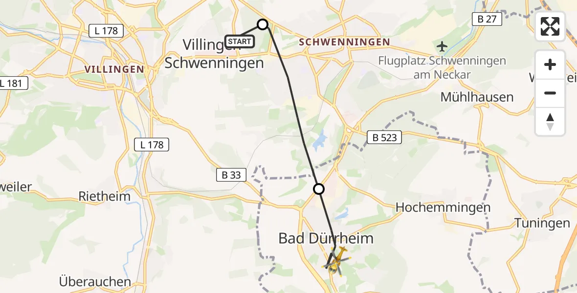 Flugroute Ambulanzhubschrauber DRF Air Rescue Station Villingen-Schwenningen Hubschrauberlandeplatz (Christoph 11) - Bad Dürrheim, 31 Mai 2026, 11:10