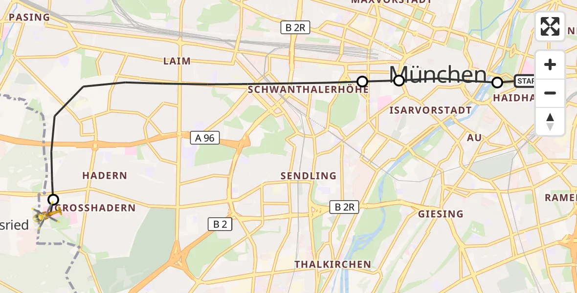 Flugroute Rettungshubschrauber Rechts der Isar University Hospital - DRF Air Rescue München Hubschrauberlandeplatz, 31 Mai 2026, 11:23