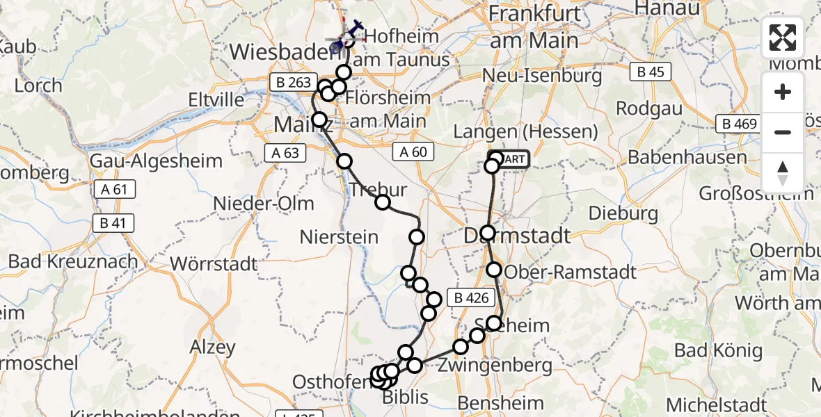 Flugroute Polizeihubschrauber Flughafen Frankfurt-Egelsbach - Autobahn Police Wiesbaden Hubschrauberlandeplatz, 31 Mai 2026, 11:24