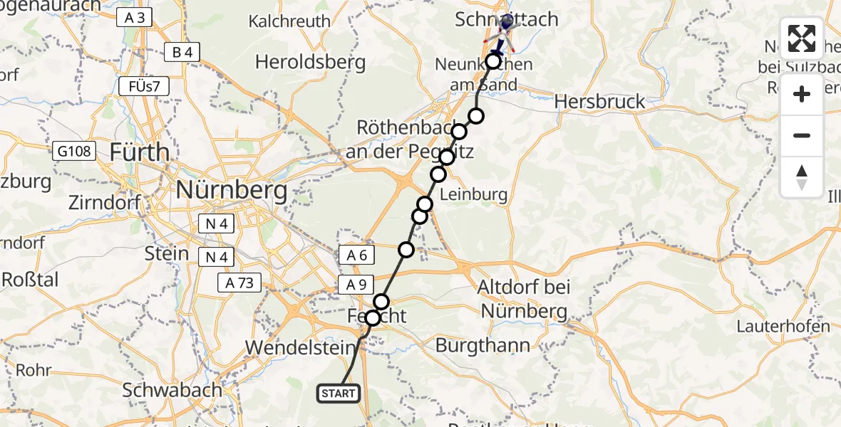 Flugroute Polizeihubschrauber Wendelstein - Schnaittach, 31 Mai 2026, 11:35