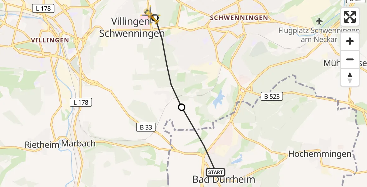 Flugroute Ambulanzhubschrauber Bad Dürrheim - DRF Air Rescue Station Villingen-Schwenningen Hubschrauberlandeplatz (Christoph 11), 31 Mai 2026, 11:36