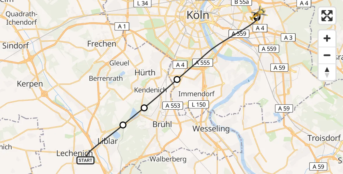 Flugroute Rettungshubschrauber Erftstadt - Merheim Hospital, 31 Mai 2026, 11:36