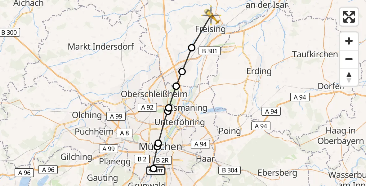 Flugroute Rettungshubschrauber ADAC Air Rescue Center Hubschrauberlandeplatz (Christoph 1) - Freising, 31 Mai 2026, 11:46