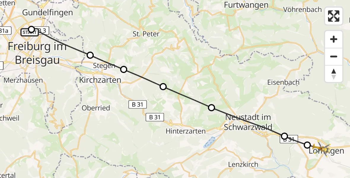 Flugroute Rettungshubschrauber Freiburg im Breisgau Flugplatz - Löffingen, 31 Mai 2026, 11:47
